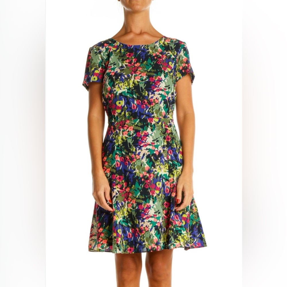 J.Crew Green Watercolor Floral Print Short Sleeve Fit & Flare Dress , Size 0